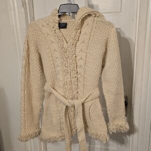 Cream Cable-Knit Hooded Belted Cardigan